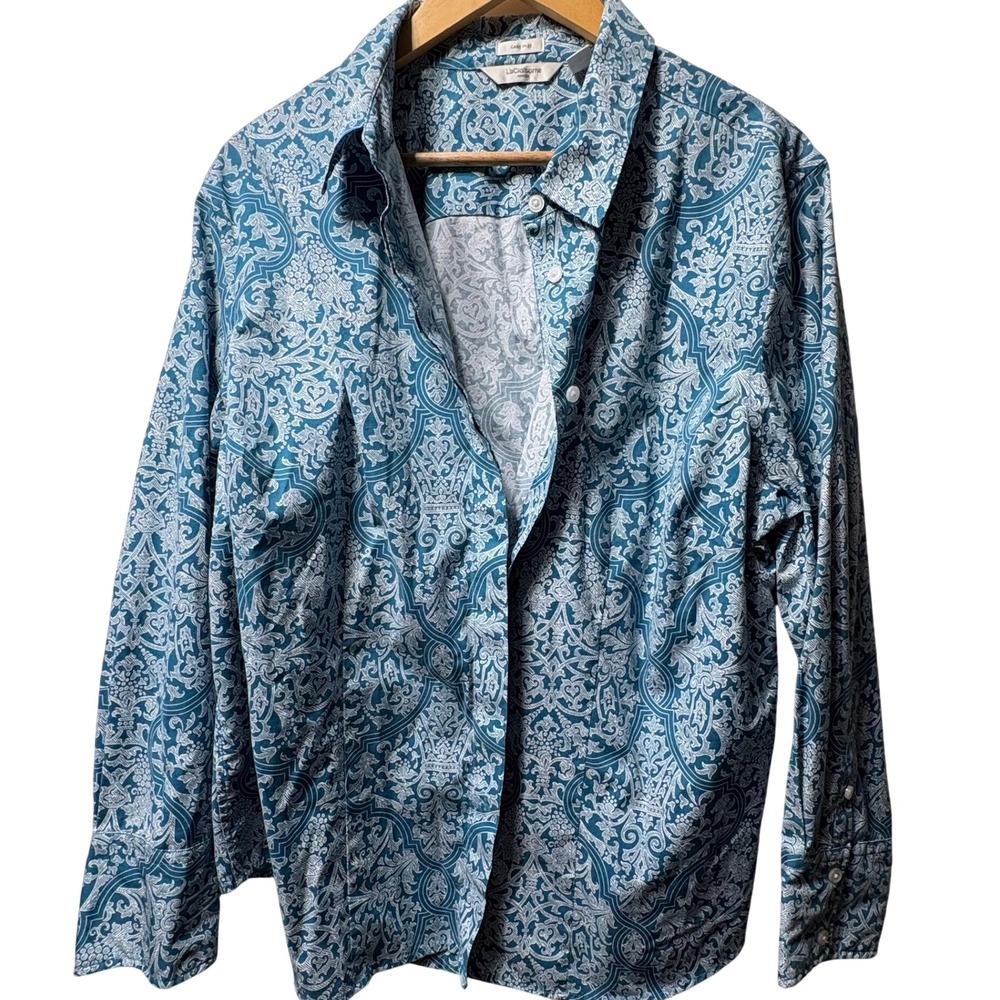 Liz Claiborne New York Care Free Shirt Womens Blue White Damask Scroll Button Up